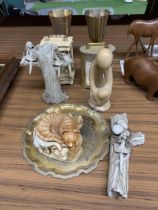 TWO CARRIAGE CLOCKS, A PAIR OF BRASS GOBLETS AND PLATE, A CAT FIGURE, ETC