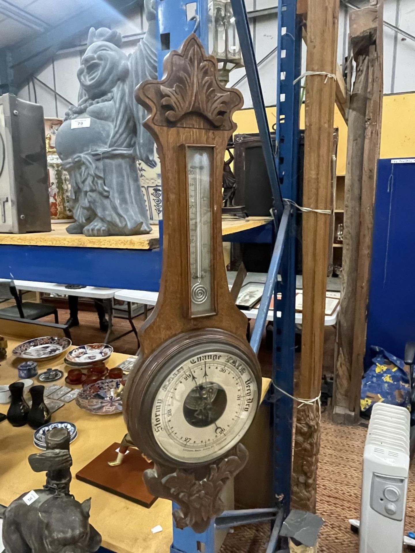 A VINTAGE CARVED BAROMETER WITH A CASED THERMOMETER - Image 2 of 8