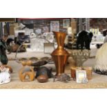 A MIXED LOT TO INCLUDE A SILVER PLATED HANDLED BASKET, COPPER JUG, ANIMAL FIGURES, ETC
