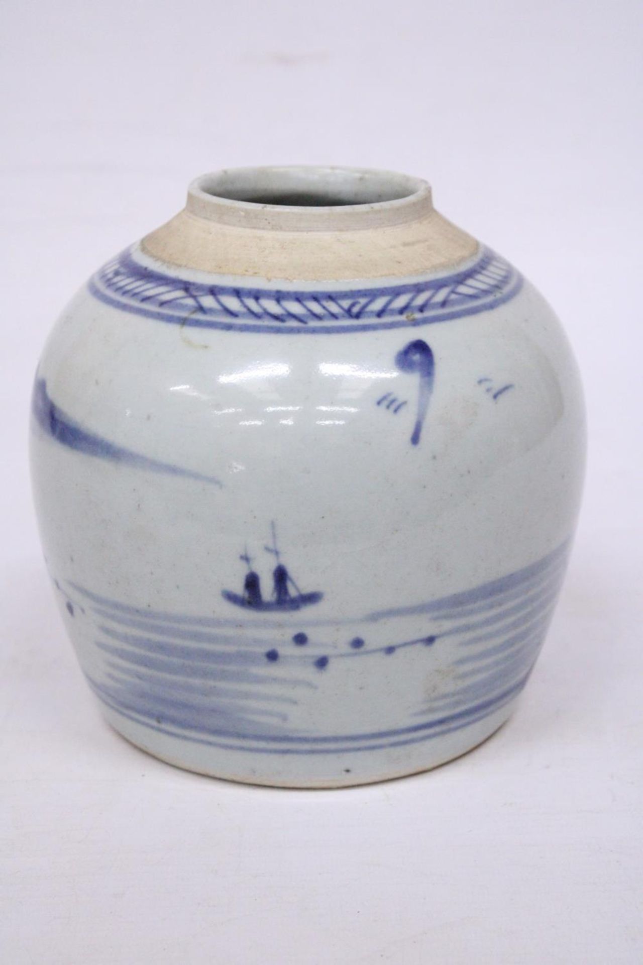 A 19TH CENTURY CHINESE WHITE WITH BLUE UNDERGLAZE GINGER JAR (NO LID) FISHERMAN SCENE - Image 3 of 5