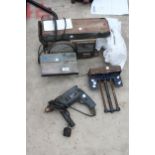 AN ASSORTMENT OF TOOLS TO INCLUDE A BELT SANDER AND A VICE ETC