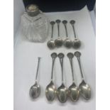 A SET EIGHT HALLMARKED SHEFFIELD TEASPOONS, A FURTHER SPOON AND A CUT GLASS JAR WITH HALLMARKED