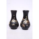 A PAIR OF FOOTED WOODEN LACQUER VASES WITH ORIENTAL SCENES - 14 CM (H)