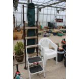 FOUR PLASTIC GARDEN CHAIRS, TWO STEP LADDERS AND A PARASOL