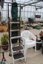 FOUR PLASTIC GARDEN CHAIRS, TWO STEP LADDERS AND A PARASOL