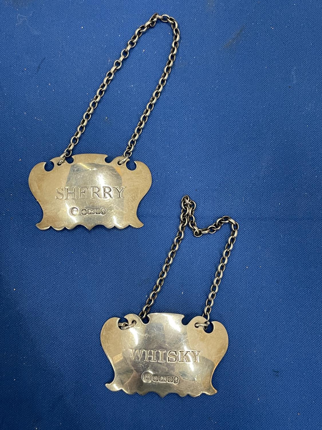 TWO HALLMARKED SHEFFIELD SILVER DECANTER LABELS, SHERRY AND WHISKY - Image 2 of 8