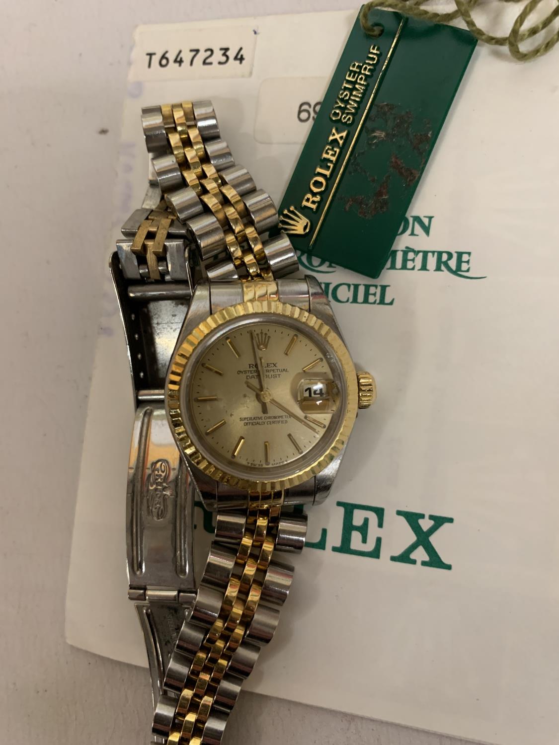 A LADIES' BI-METAL ROLEX DATEJUST WRISTWATCH WITH TAGS AND CARD - Image 2 of 3