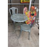 A CAST ALLOY BISTRO SET COMPRISING OF A ROUND TABLE AND TWO CHAIRS