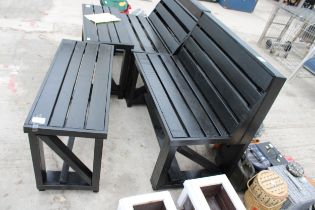 A WOODEN GARDEN BENCH AND TABLE SET