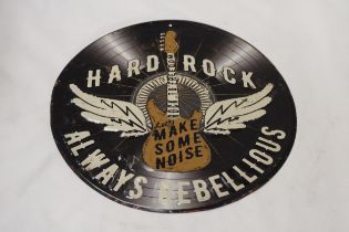 A VINTAGE 'HARD ROCK' METAL LP ADVERT PLAQUE, DIAMETER 30CM