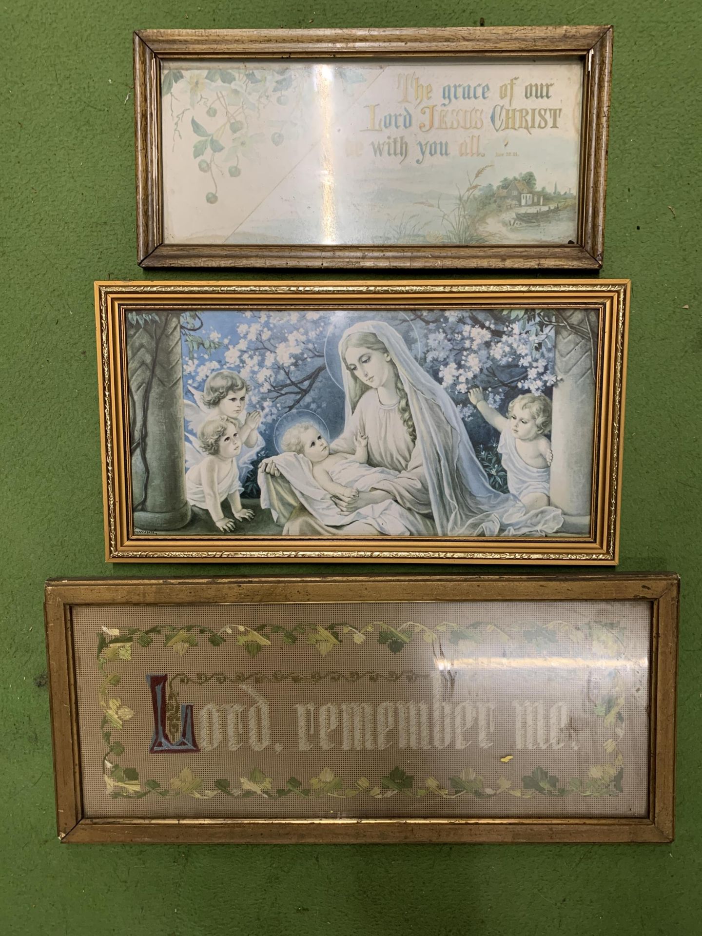 TWO RELIGIOUS PRINTS PLUS A TAPESTRY