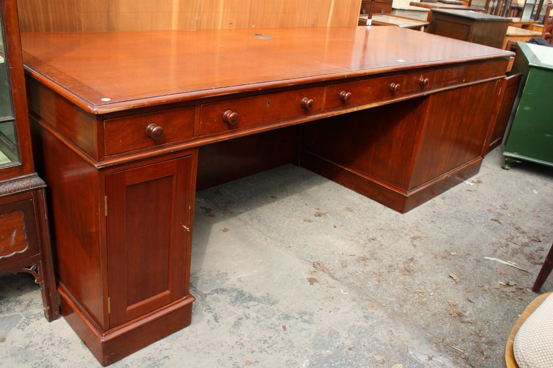 A MODERN PARTNERS/BANKERS DESK ENCLOSING SEVERAL DRAWERS, CUPBOARD AND WIRE DIRECTOR, 99" X 33" - Image 4 of 7