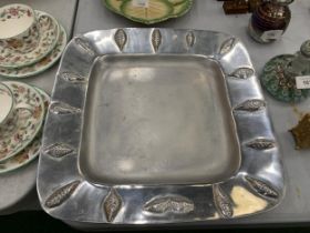 A LARGE CHROMED HEAVY ALUMINIUM CONCAVE TRAY BY PORTMERION - 14 X 14 INCH