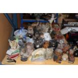 A COLLECTION OF 30+ OWL FIGURES, PLUS A TABLE LAMP WITH A DEER BASE AND A LARGE FIGURE OF A BOY -