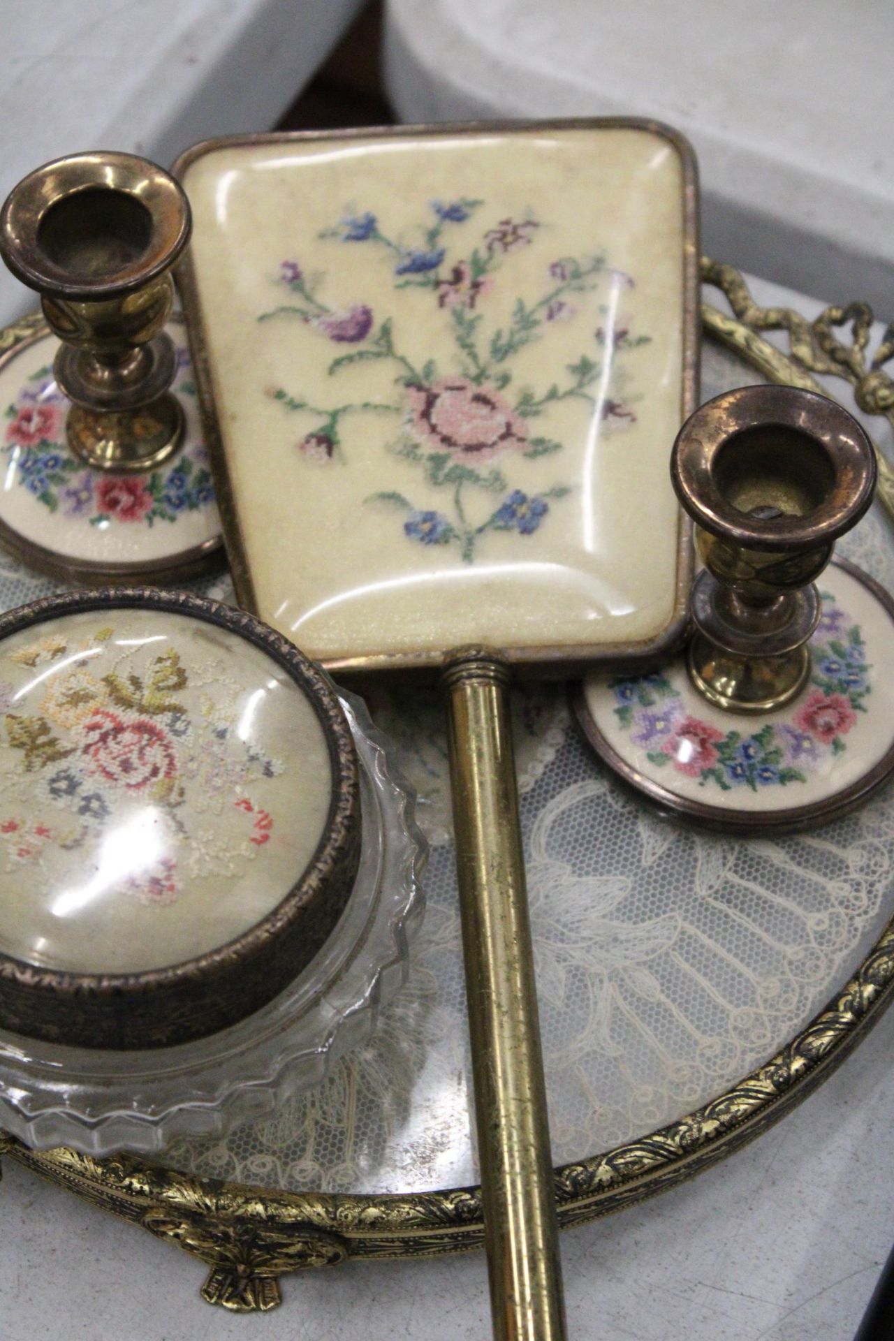 A VINTAGE 'PETIT-POINT' DRESSING TABLE SET TO INCLUDE, CANDLESTICKS, A HAND MIRROR, LIDDED TRINKET - Image 4 of 5