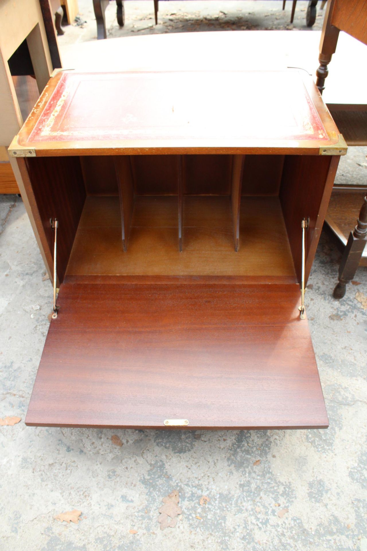 A CAMPAIGN STYLE RECORD CABINET WITH BRASS CORNERS AND INSET LEATHER TOP, 24" WIDE AND PAINTED - Image 2 of 4