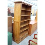 A MODERN HARDWOOD SIX TIER OPEN BOOKCASE WITH TWO DRAWERS TO BASE, 43" WIDE