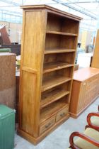 A MODERN HARDWOOD SIX TIER OPEN BOOKCASE WITH TWO DRAWERS TO BASE, 43" WIDE