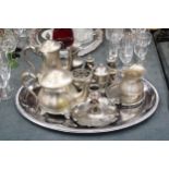 A QUANTITY OF SILVER PLATED ITEMS TO INCLUDE, A TRAY, TEAPOT, COFFEE POT, CANDLESTICK, JUGS, A CRUET