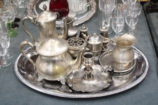 A QUANTITY OF SILVER PLATED ITEMS TO INCLUDE, A TRAY, TEAPOT, COFFEE POT, CANDLESTICK, JUGS, A CRUET