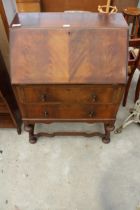 A MID 20TH CENTURY MAHOGANY BUREAU WITH FITTED INTERIOR ON OPEN BASE WITH TURNED LEGS, 29" WIDE