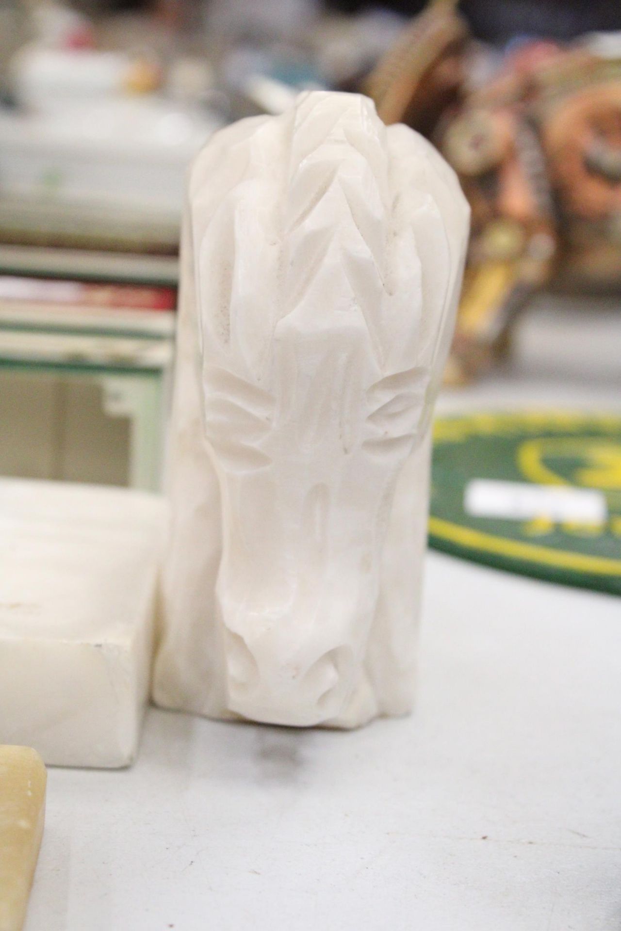 A PAIR OF ALABASTER HORSES HEADS, HEIGHT 12CM, A TILE, PLUS A BUST OF AN EGYPTIAN GOD - Image 3 of 6
