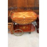 AN ITALIAN MARQUETRY TWO TIER DROP-LEAF TROLLEY WITH PIERCED BRASS GALLERY