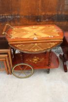 AN ITALIAN MARQUETRY TWO TIER DROP-LEAF TROLLEY WITH PIERCED BRASS GALLERY