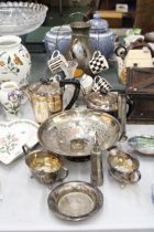 A QUANTITY OF SILVER PLATED ITEMS TO INCLUDE A COFFEE AND TEAPOT, FOOTED BOWL, BUD VASE, JUG,