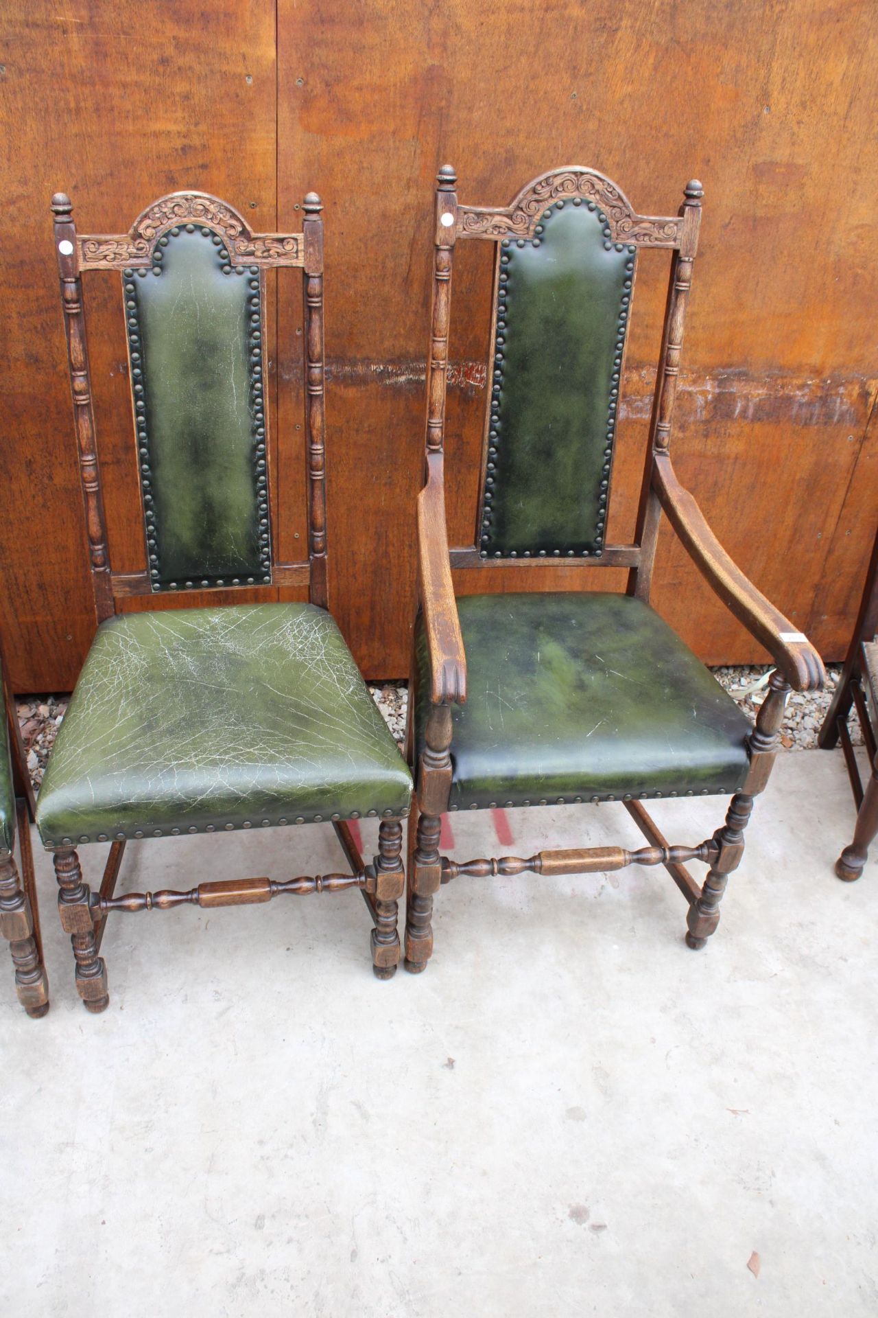 A SET OF TEN OAK JACOBEAN STYLE HIGH BACK DINING CHAIRS, TWO BEING CARVERS ON TURNED LEGS AND - Image 3 of 4
