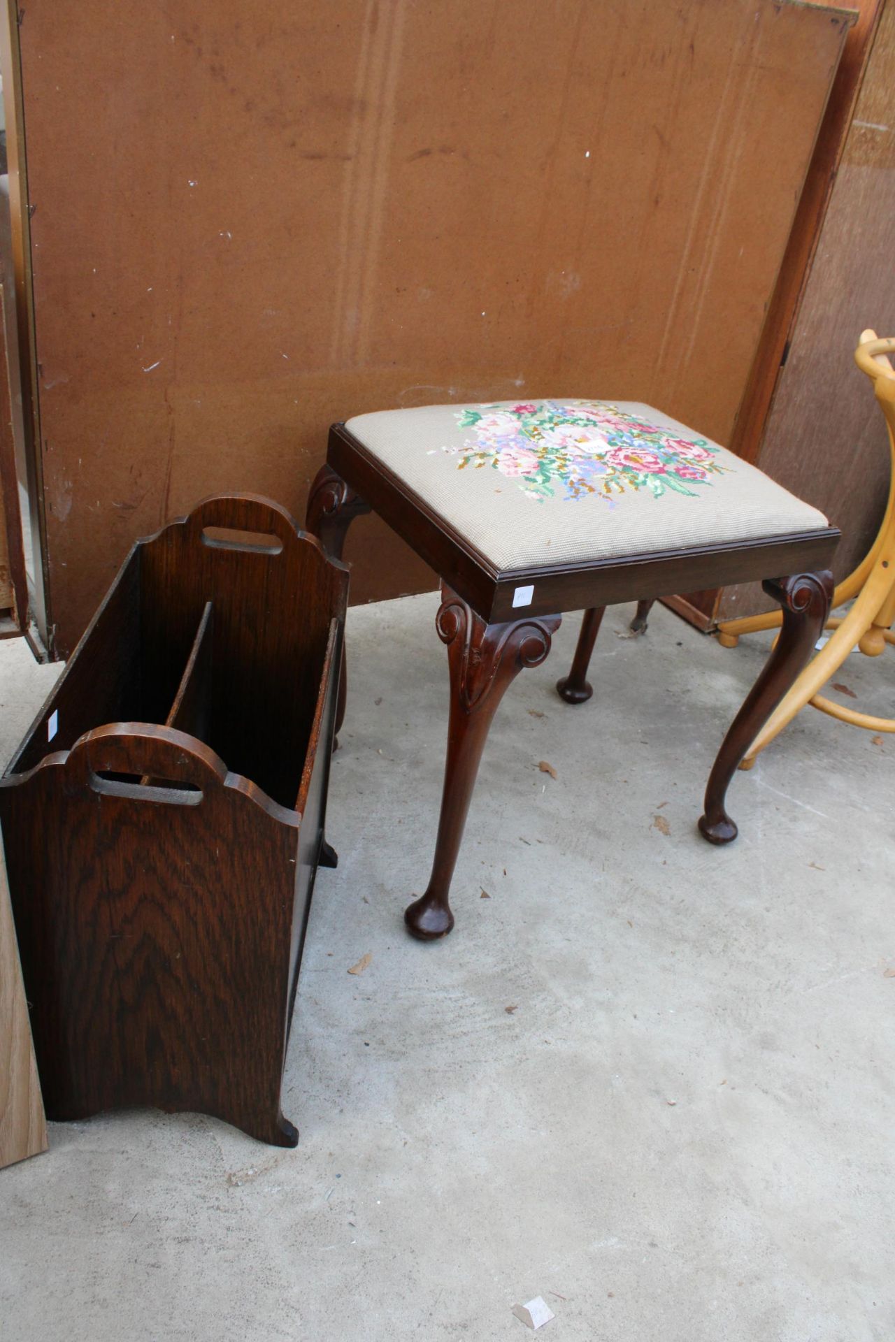 A MID 20TH CENTURY MAHOGANY STOOL ON CABRIOLE LEGS WITH WOOLWORK TOP AND OAK TWO DIVISION MAGAZINE - Image 2 of 2