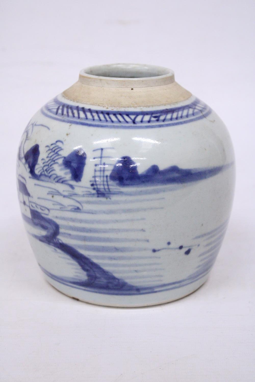 A 19TH CENTURY CHINESE WHITE WITH BLUE UNDERGLAZE GINGER JAR (NO LID) FISHERMAN SCENE - Image 2 of 5