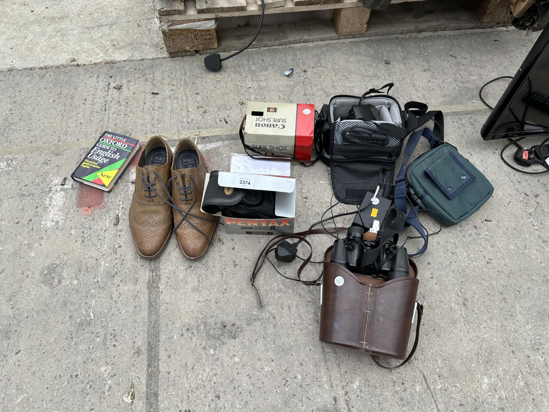 AN ASSORTMENT OF ITEMS TO INCLUDE BINOCULARS, CAMERAS AND A PAIR OF GENTS SHHOES ETC