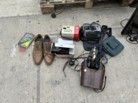 AN ASSORTMENT OF ITEMS TO INCLUDE BINOCULARS, CAMERAS AND A PAIR OF GENTS SHHOES ETC