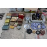 A LARGE ASSORTMENT OF ITEMS TO INCLUDE VINTAGE TINS, BLUE AND WHITE CERAMICS AND VASES ETC