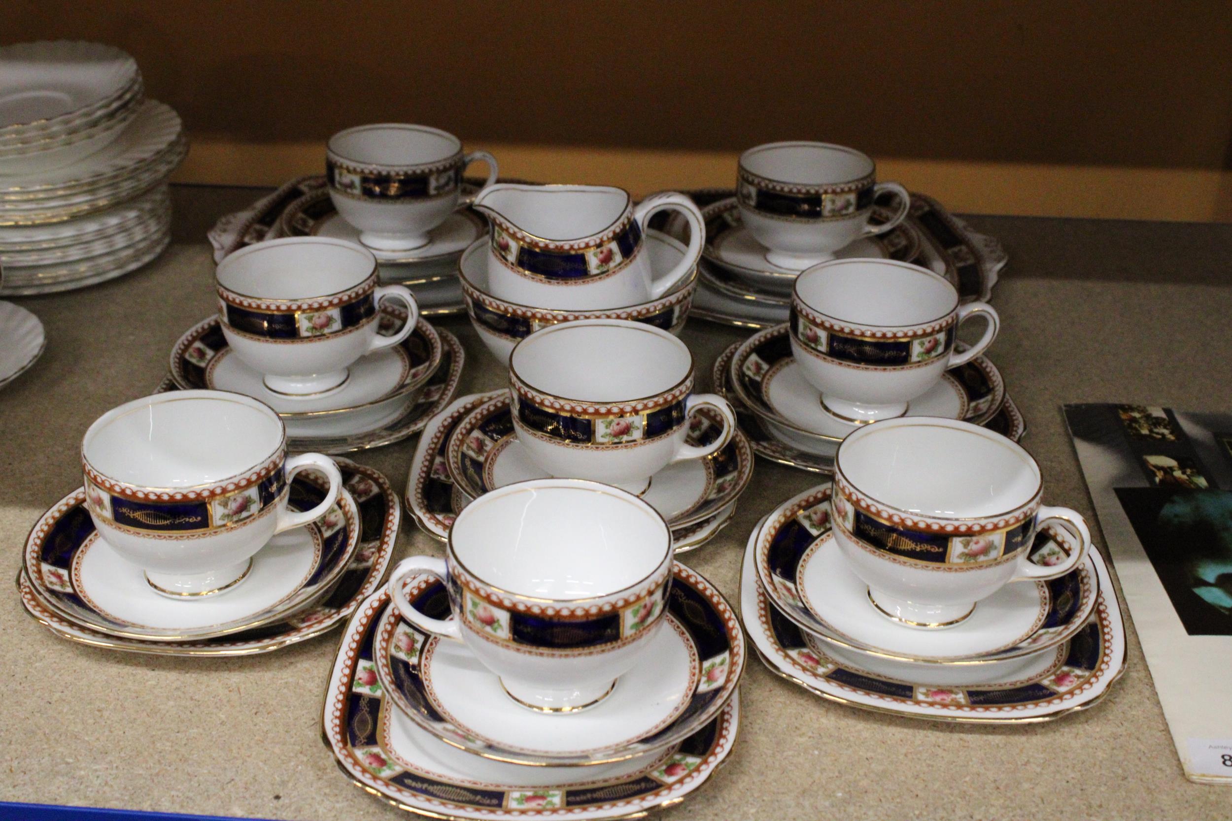 A VINTAGE ROYAL ALBERT CROWN IMARI TRIGO PART TEA SET TO INCLUDE CUPS, SAUCERS, SIDE PLATES, JUG AND