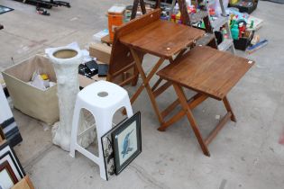 THREE VARIOUS WOODEN FOLDING TABLES TO ALSO INCLUDE A JARDINAIRE STAND AND TWO PRINTS ETC