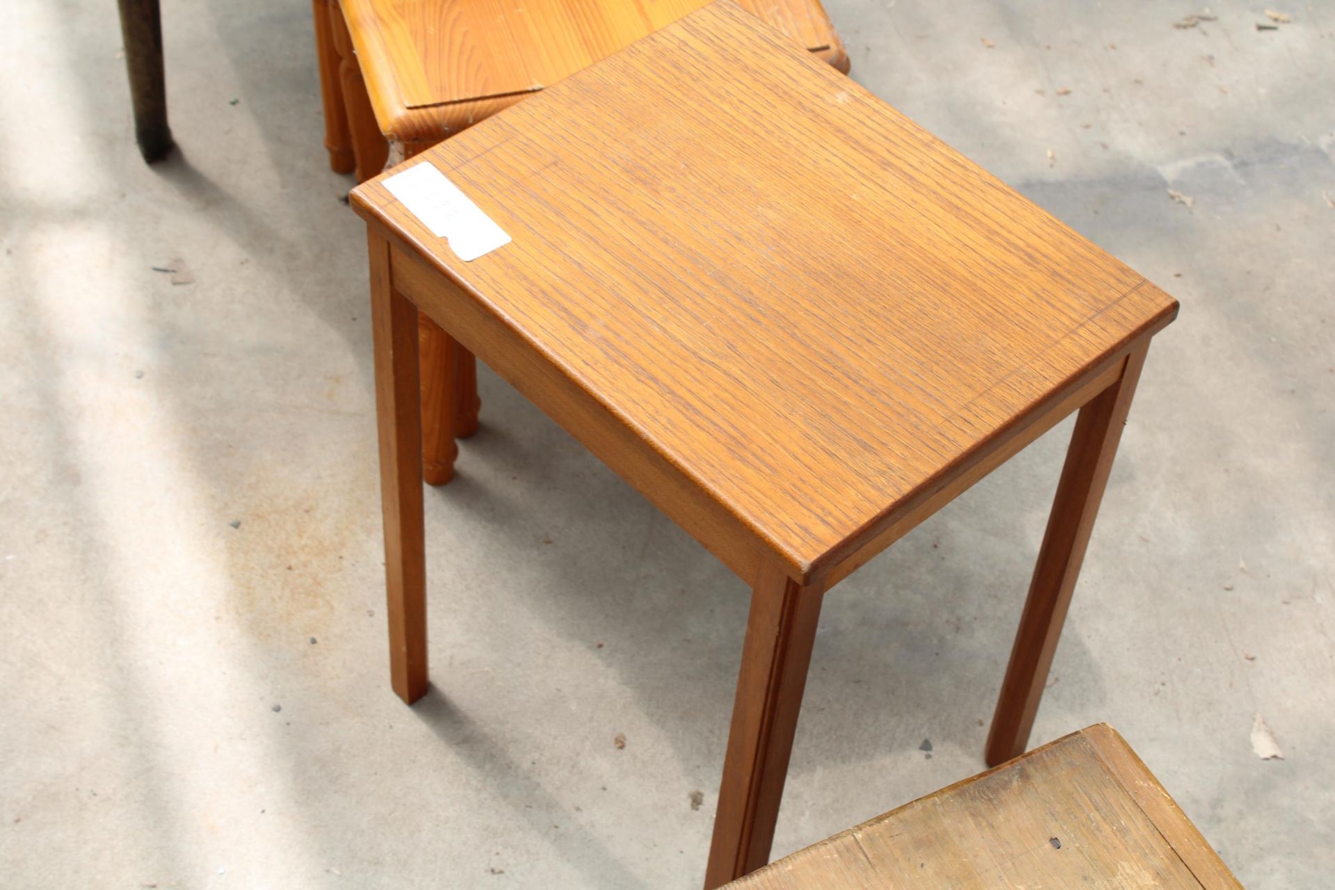 A PINE STOOL, SMALL TEAK TABLE AND A NEST OF TWO TABLES - Image 3 of 3