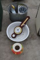 AN ASSORTMENT OF ITEMS TO INCLUDE A GALVANISED MOP BUCKET AND A BAROMETER ETC