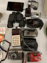 A MIXED LOT TO INCLUDE CAMERAS, PHONES, PSP, A PAIR OF BINOCULARS PLUS A AMAZON TABLET ETC