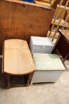 A MINIATURE OAK DROP-LEAF TABLE, LLOYD LOOM LINEN BOX AND LLOYD LOOM STYLE OTTOMAN