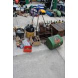 AN ASSORTMENT OF TOOLS TO INCLUDE A SUFFOLK PUNCH LAWN MOWER, A BRACE DRILL AND HARDWARE ETC