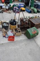 AN ASSORTMENT OF TOOLS TO INCLUDE A SUFFOLK PUNCH LAWN MOWER, A BRACE DRILL AND HARDWARE ETC