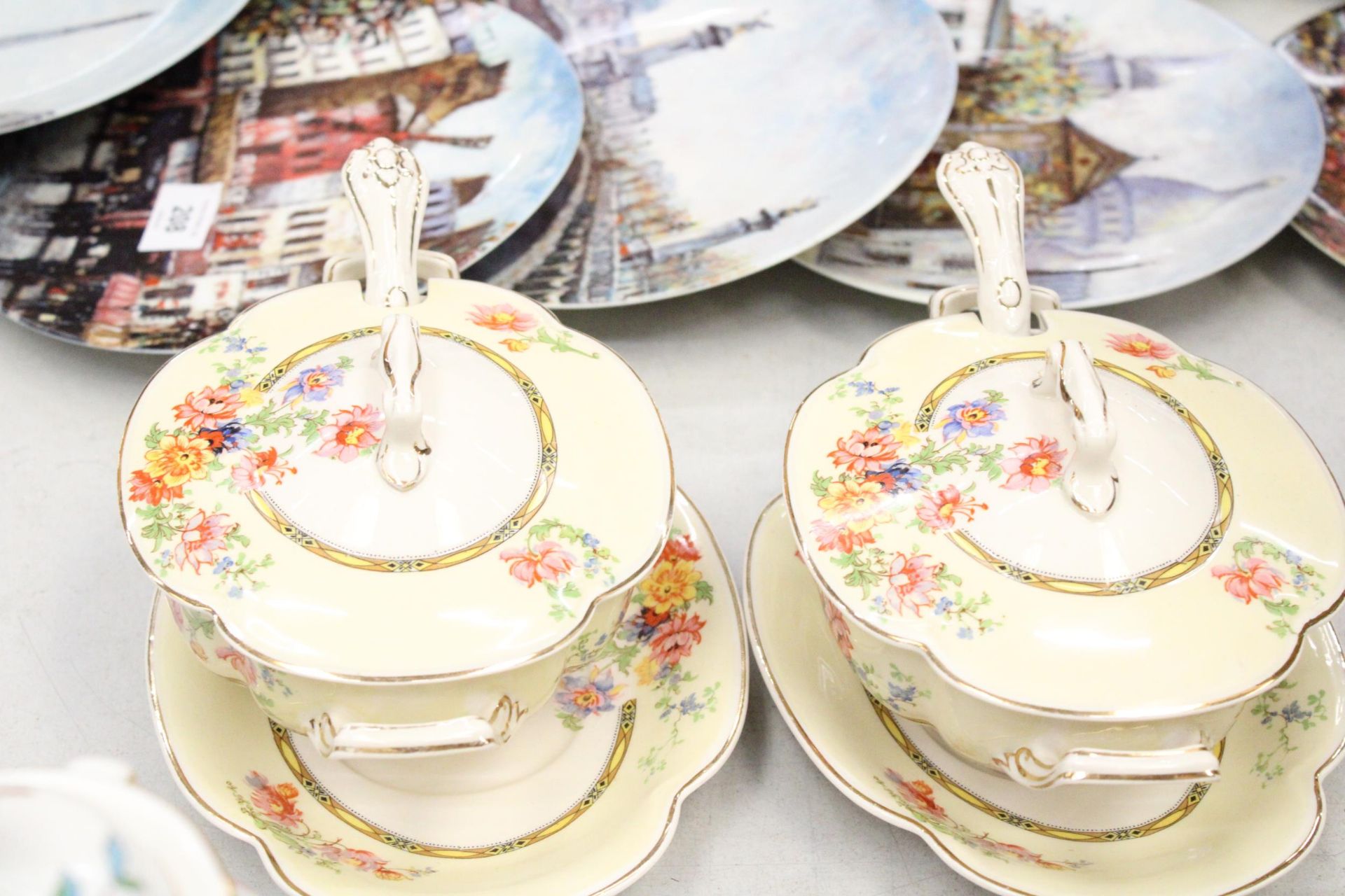 TWO VINTAGE JOHNSON BROS 'PAREEK', SMALL LIDDED TUREENS WITH SAUCERS AND LADELS - Image 4 of 6