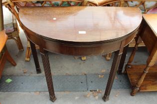 A 19TH CENTURY STYLE MAHOGANY FOLD-OVER CARD TABLE BEARING J.A.S. SHOOLBRED (LONDON) LABEL, 36" WIDE