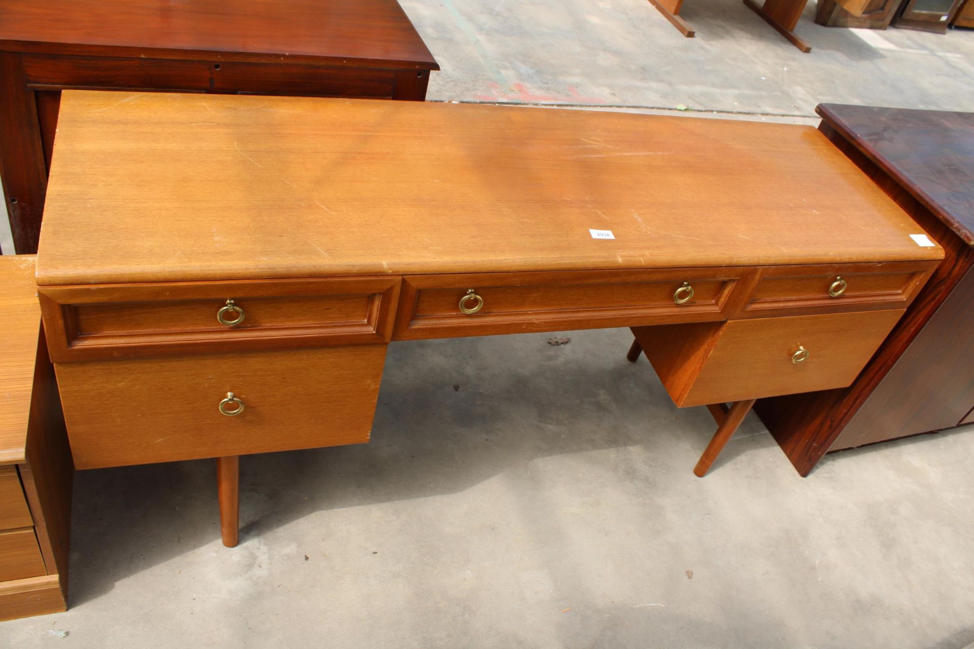 A RETRO TEAK BEITHCRAFT TWIN-PEDESTAL DRESSING TABLE BASE, 60" WIDE