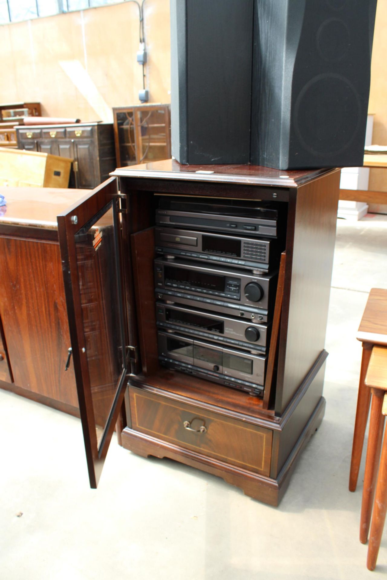A MAHOGANY CABINET ENCLOSING SONY TURNTABLE (P.S-LX47P) AMPLIFIER (T.A. D.505) CASSETTE DESK AND - Image 2 of 2