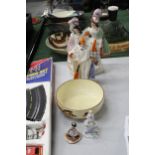 TWO VINTAGE STAFFORDSHIRE FLATBACKS TO INCLUDE A CRICKETER, A MYOTT AND SONS HANDPAINTED BOWL AND