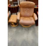 A STRESSLESS EKORNES TANNED LEATHER SWIVEL RECLINER WITH STOOL