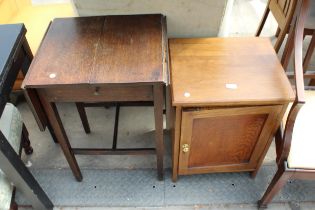 AN OAK 18TH CENTURY STYLE DROP-LEAF TABLE AND SMALL OAK CUPBOARD